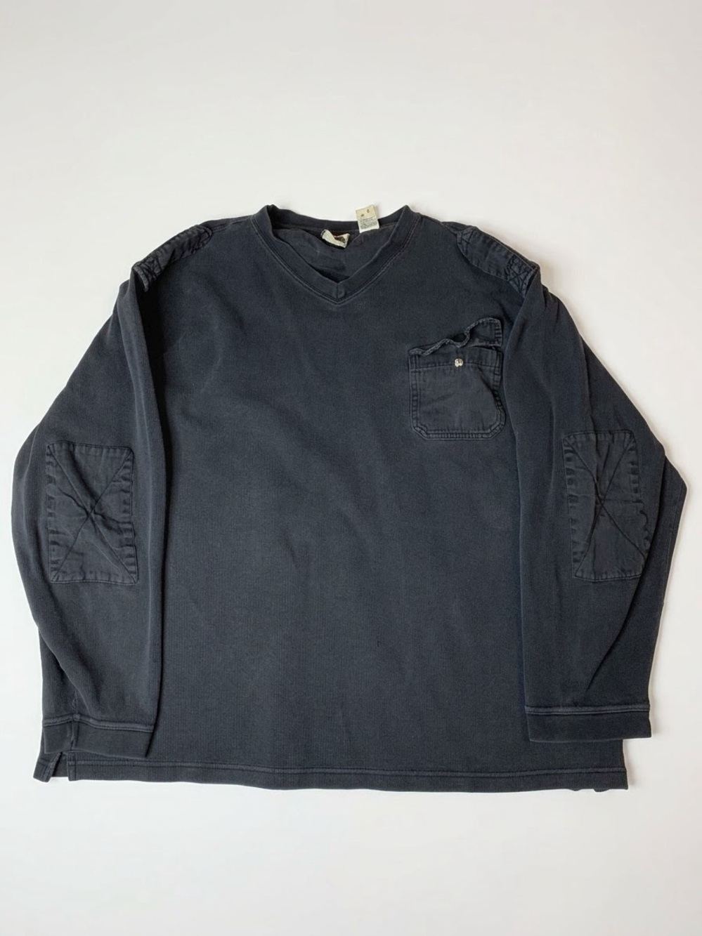 Vintage 90s Heavyweight Cotton Utility V-Neck Sweatshirt Black Patchwork - L